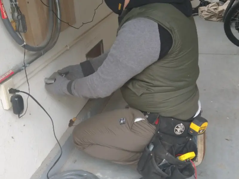 Electrician performing outlet wiring in a Yarmouth garage